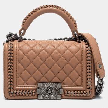Pre Owned Chanel Beige Quilted Leather Small Boy Top Handle Bag