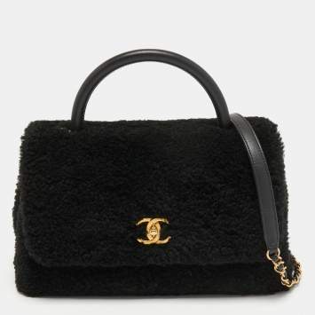 Pre Owned Chanel Black Shearling Fur Coco Handle Flap Bag