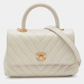 Pre Owned Chanel White Chevron Quilted Caviar Leather Mmall Coco Handle Bag