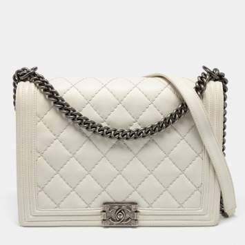Pre Owned Chanel White Quilted Leather Large Wild Stitch Boy Bag