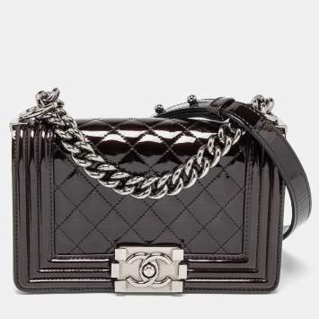 Pre Owned Chanel Plum Quilted Patent Leather Small Boy Flap Bag