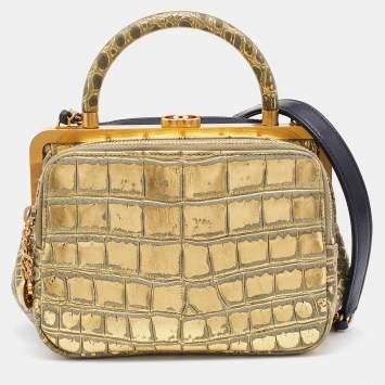 Pre Owned Chanel Black/Metallic Leather and Croc Embossed Small Kiss-lock Bag