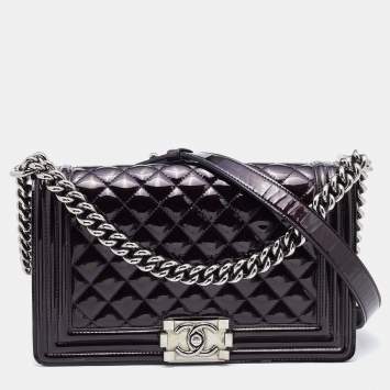 Pre Owned Chanel Deep Purple/Black Patent Leather Medium Boy Flap Bag