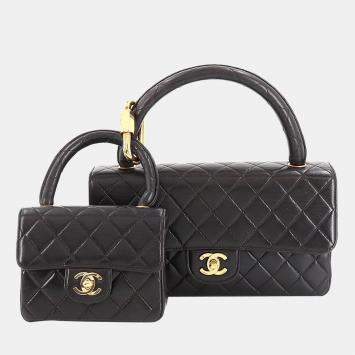 Chanel Black Lambskin Leather Vintage Kelly Top Handle Bag