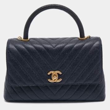 Pre Owned Chanel Blue Quilted Caviar Leather and Lizard Medium Coco Flap Top Handle Bag