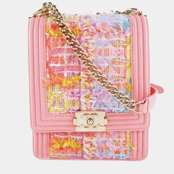 Pre Owned Chanel Pink Tweed Leather North South Boy Shoulder Bag