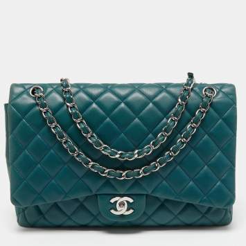 Pre Owned Chanel Teal Blue Quilted Leather Maxi Classic Single Flap Shoulder Bag