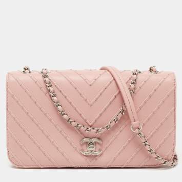 Pre Owned Chanel Pink Chevron Leather CC Studded Flap Bag 