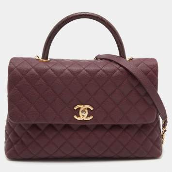 Pre Owned Chanel Burgundy Quilted Caviar Leather and Lizard Coco Flap Top Handle Bag