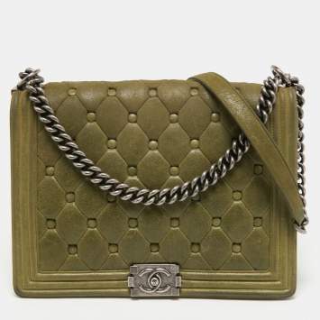 Pre Owned Chanel Olive Green Quilted Suede Large Boy Bag