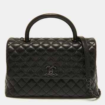 Pre Owned Chanel Black Quilted Caviar Leather So Black Coco Top Handle Bag