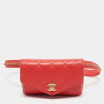 Pre Owned Chanel Orange Quilted Leather Envelope Flap Waist Bag