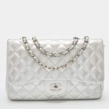 Pre Owned Chanel Silver Quilted Leather Jumbo Classic Single Flap Bag