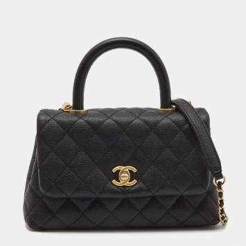 Pre Owned Chanel Black Quilted Caviar Leather Small Coco Top Handle Bag