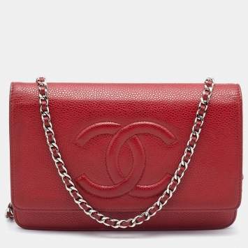 Pre Owned Chanel Red Caviar Leather CC Timeless Wallet on Chain