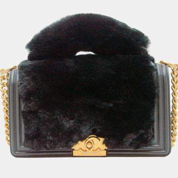 Pre Owned Chanel Black Leather Fur Medium Boy Top Handle Flap Shoulder Bag