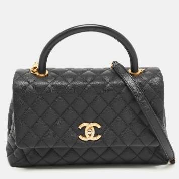 Pre Owned Chanel Black Quilted Caviar Leather Medium Coco Top Handle Bag
