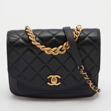 Pre Owned Chanel Black Quilted Leather Flap Chain Top Handle Bag