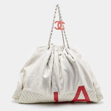 Pre Owned Chanel Metallic Beige/Red Quilted Jersey and Leather LA Bag