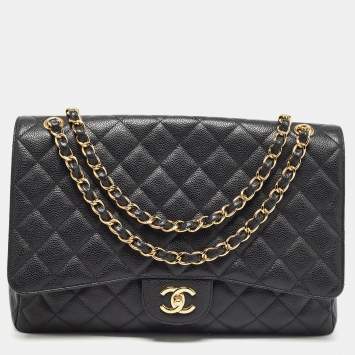 Pre Owned Chanel Black Quilted Caviar Leather Maxi Classic Single Flap Bag