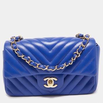 Pre Owned Chanel Blue Chevron Leather Mini Rectangle Classic Single Flap Bag