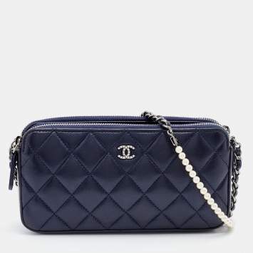 Pre Owned Chanel Blue Quilted Leather CC Double Zip Chain Clutch