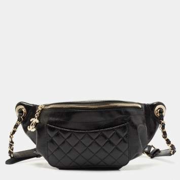 Pre Owned Chanel Black Quilted Glossy Leather Bi Classic Belt Bag