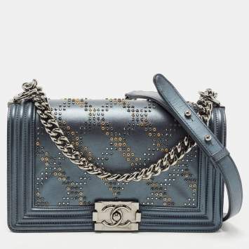 Pre Owned Chanel Metallic Quilted Embellished Leather Medium Boy Bag