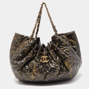 Pre Owned Chanel Gold/Dark Grey Quilted Coated Canvas Rock in Moscow Hobo