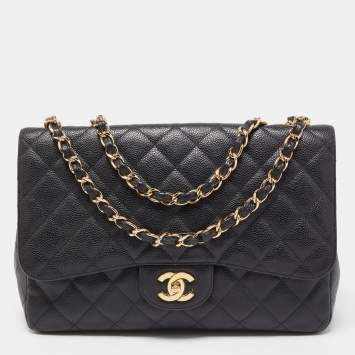 Pre Owned Chanel Black Quilted Caviar Leather Jumbo Classic Single Flap Bag
