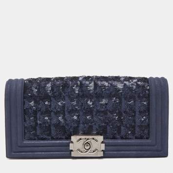 Pre Owned Chanel Navy Blue Sequins and Suede Boy Clutch