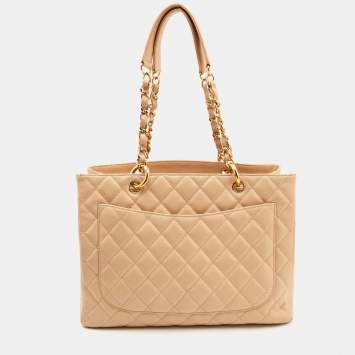 Pre Owned Chanel Beige Quilted Caviar Leather Grand Shopping Tote