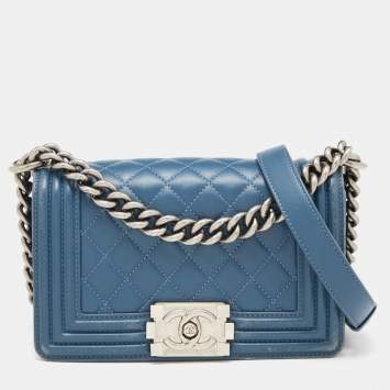 Pre Owned Chanel Blue Quilted Leather Small Boy Flap Bag