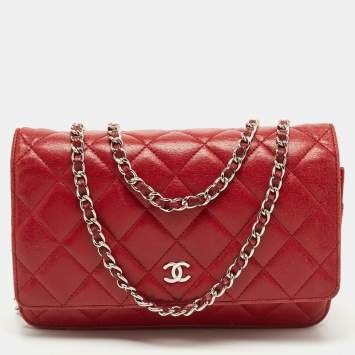 Pre Owned Chanel Red Quilted Leather Classic Wallet on Chain