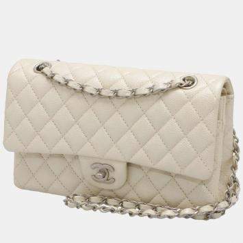 Pre Owned Chanel White Leather Classic Medium Double Flap Shoulder Bag