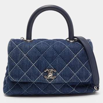 Pre Owned Chanel Blue Quilted Denim and Leather Mini Coco Top Handle Bag