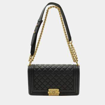 Pre Owned Dark Black Quilted Leather Boy Bag