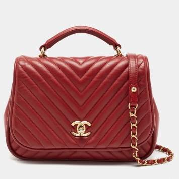 Pre Owned Chanel Red Chevron Leather CC Flap Top Handle Bag