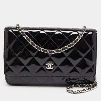 Pre Owned Chanel Black Quilted Patent Leather Classic Wallet on Chain