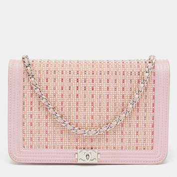 Pre Owned Chanel Light Pink Leather Crystals Embellished Boy Wallet On Chain