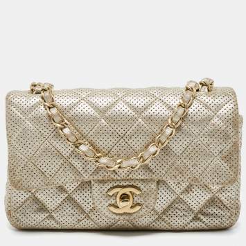 Pre Owned Chanel Gold Perforated Leather CC Square Flap Bag