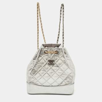 Pre Owned Chanel Silver Quilted Leather Small Gabrielle Backpack