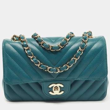 Pre Owned Chanel Teal Green Chevron Leather Mini Rectangle Classic Single Flap Bag