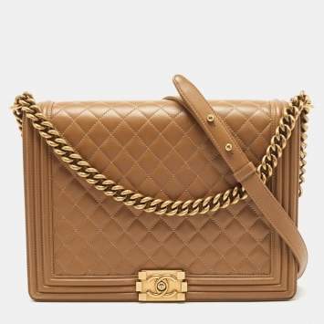 Pre Owned Chanel Beige Quilted Leather Large Boy Flap Bag