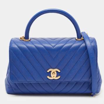 Pre Owned Chanel Blue Caviar Leather Medium Coco Top Handle Bag