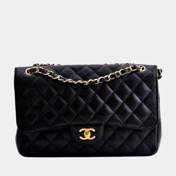 Pre Owned Chanel Jumbo Black Calfskin Caviar Double Flap Bag with GHW