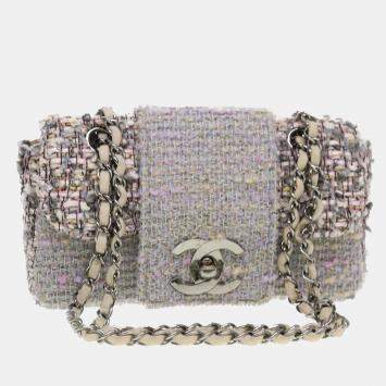 Pre Owned Chanel Grey Tweed Classic Flap  bag