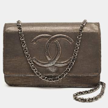 Pre Owned Chanel Silver Shimmer Suede CC Timeless Wallet on Chain