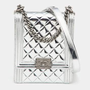 مملوكة مسبقًا Chanel Silver Quilted Leather North South Boy Flap Bag