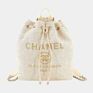 Pre Owned Chanel White Tweed Deauville Drawstring Backpack